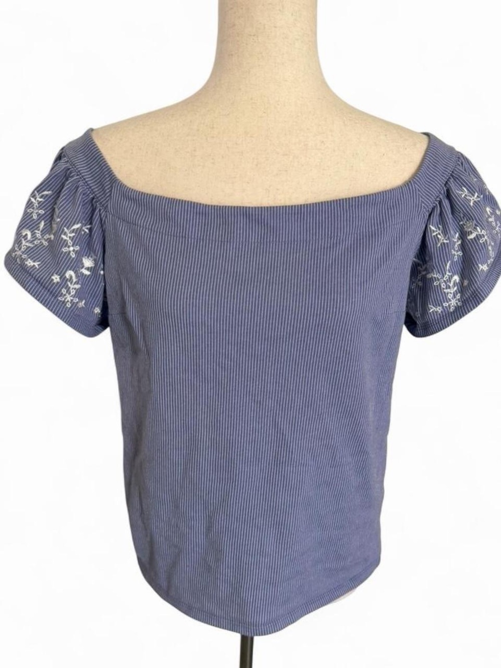 Express Off Shoulder Blue Pinstripe 
Embroidered Coastal Cottagecore Top Large